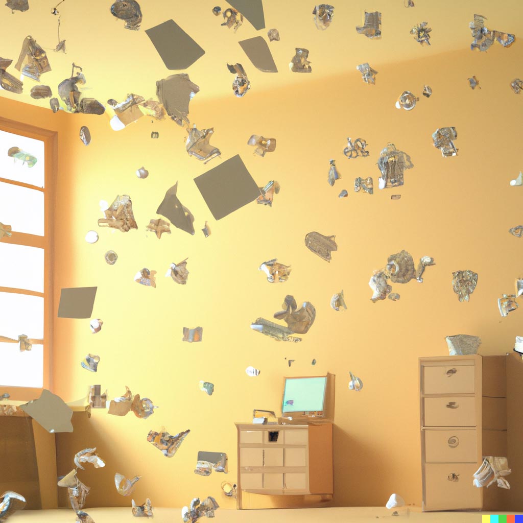 DALL·E prompt: highly detailed notes of paper falling from the sky in a yellow room, digital art